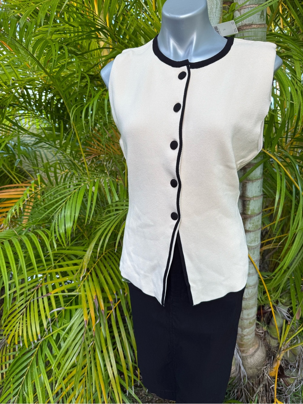 Anthropologie Cream Sleeveless Button-Front Top with Black Trim